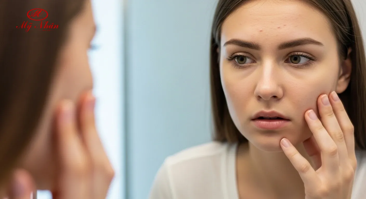 Phụ nữ trẻ nhìn vào gương với vẻ lo lắng về mụn trứng cá trên da.