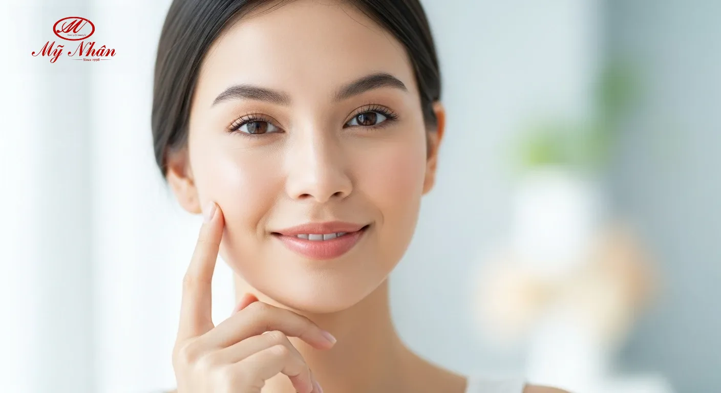 Phụ nữ trẻ mỉm cười tự tin với làn da mịn màng, khỏe mạnh sau khi chăm sóc đúng cách.