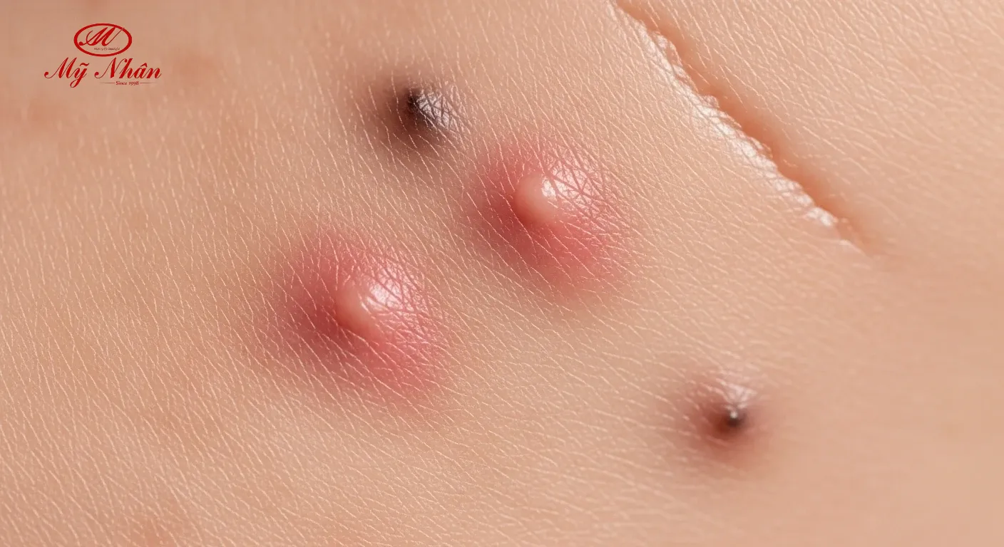 Hình ảnh làn da đang bị viêm nhiễm hoặc có sẹo thâm do nặn mụn không đúng cách