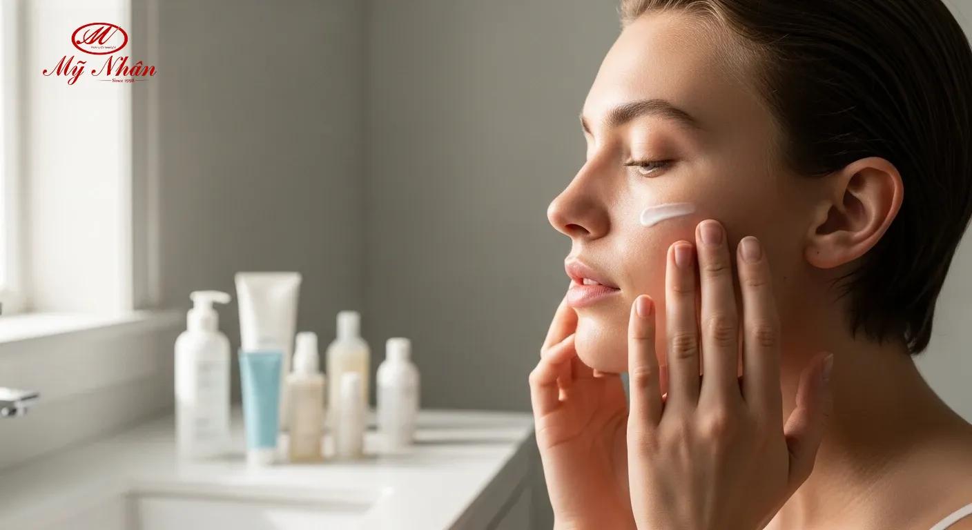 Hình ảnh một người trẻ đang thực hiện quy trình chăm sóc da mặt tại nhà, với các sản phẩm lành tính