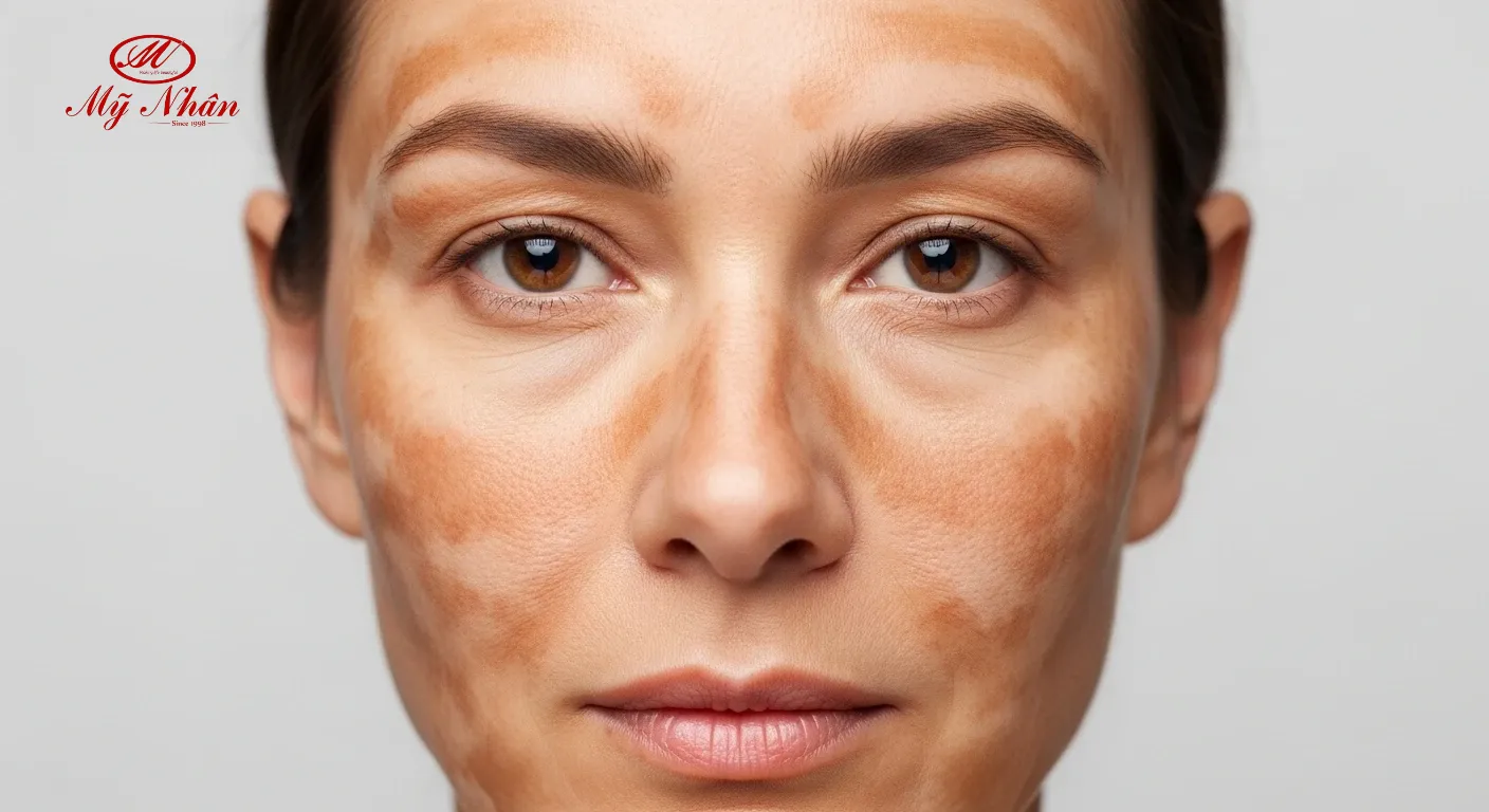 Một phụ nữ với các mảng nám melasma đặc trưng trên mặt, minh họa rõ nét tình trạng tăng sắc tố da.