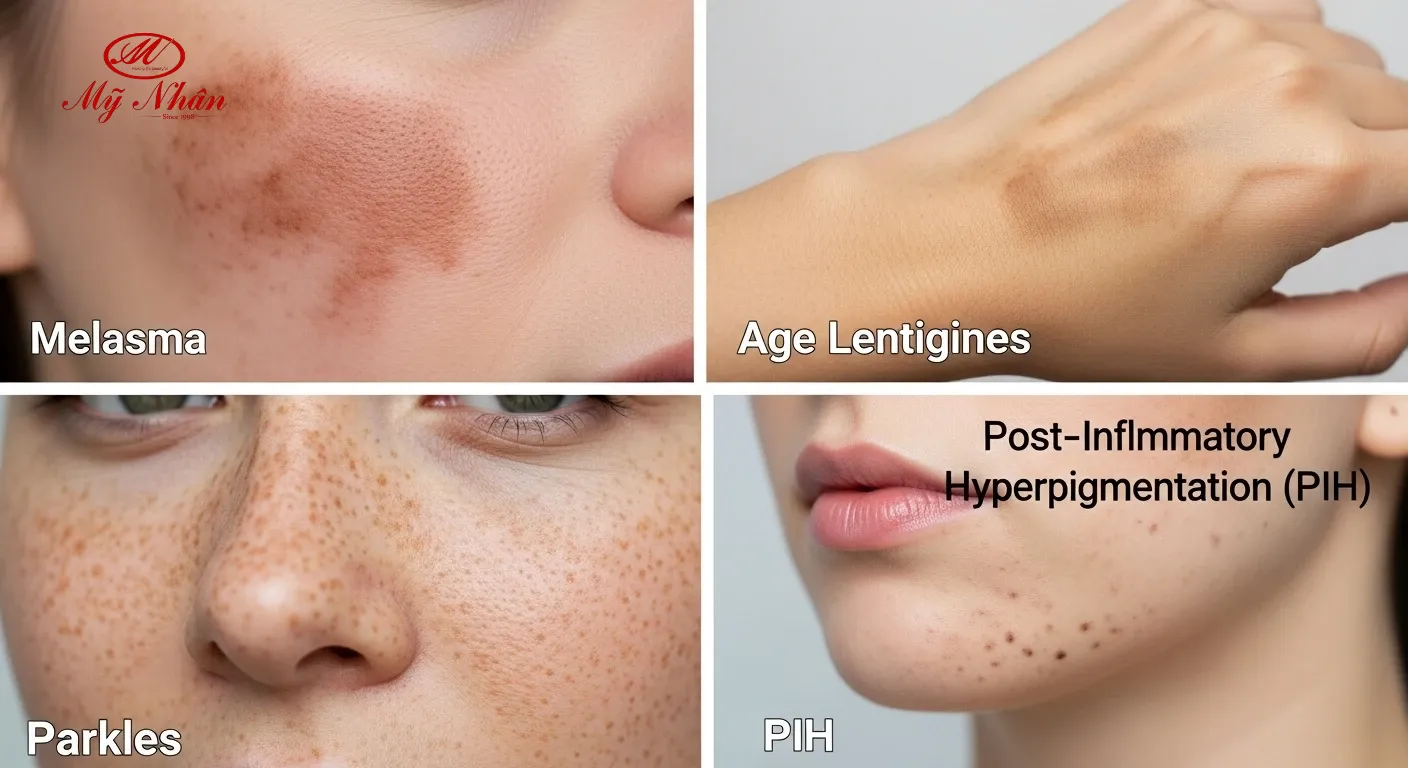Bốn hình ảnh nhỏ ghép lại, minh họa các dạng tăng sắc tố da khác nhau: nám (melasma), đồi mồi, tàn nhang và vết thâm sau mụn.