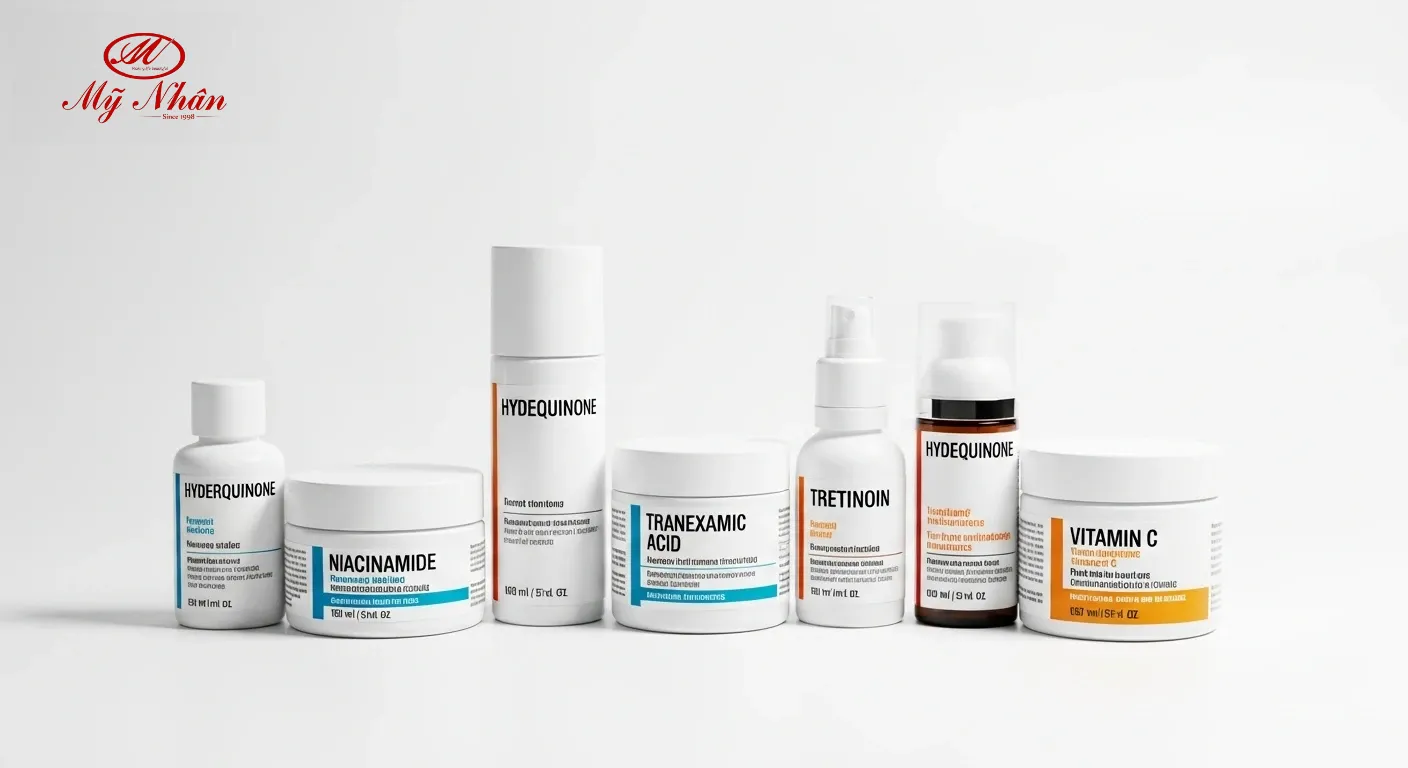 Một bộ sưu tập các chai serum và kem dưỡng da trên nền trắng sạch, với các thành phần chính như Vitamin C, Hydroquinone, Tranexamic Acid được làm nổi bật trên nhãn.