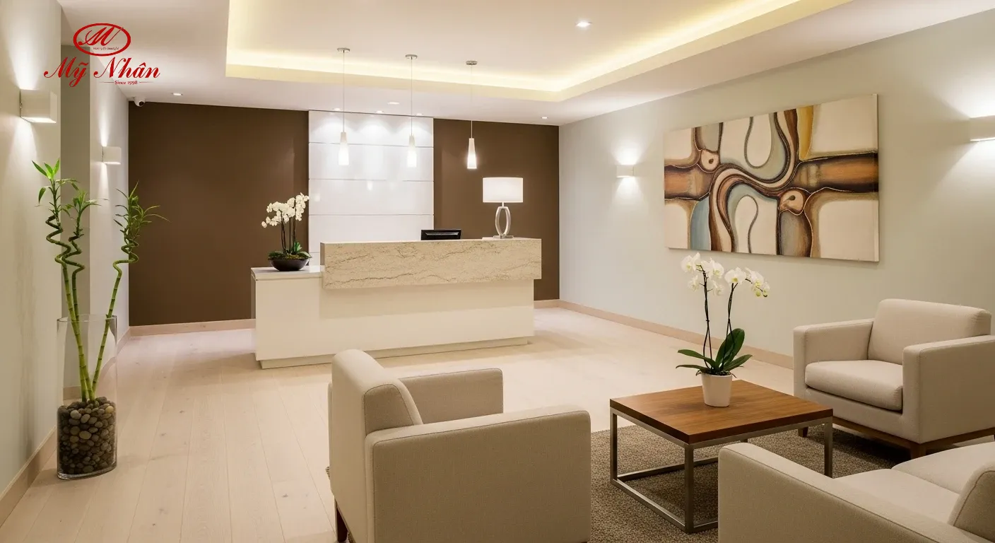 Hình ảnh không gian spa sang trọng, hiện đại với nội thất tối giản, ánh sáng ấm áp, tạo cảm giác thư giãn.