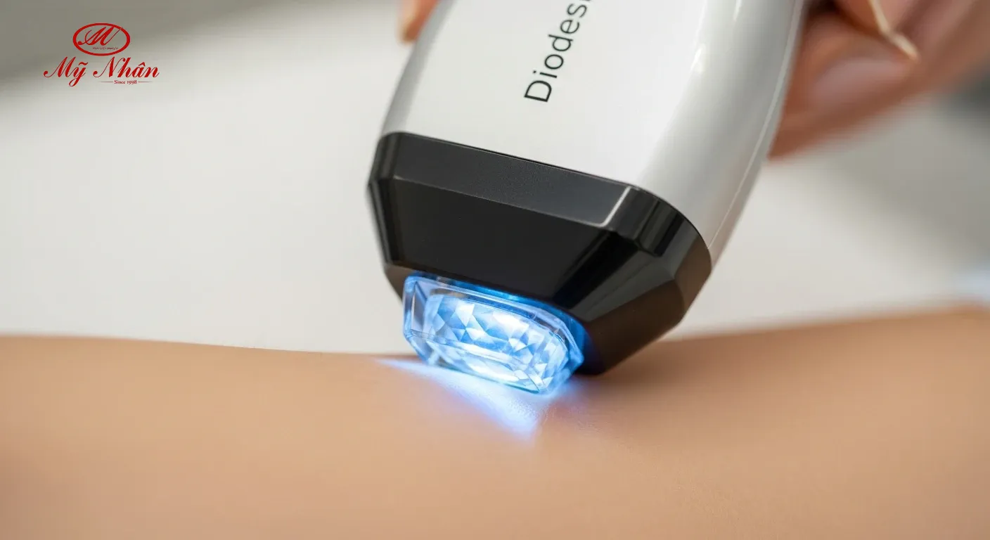 Thiết bị triệt lông công nghệ cao Diode Laser với đầu làm lạnh tinh thể, được áp dụng nhẹ nhàng trên da, tập trung vào công nghệ chính xác và hiệu quả.