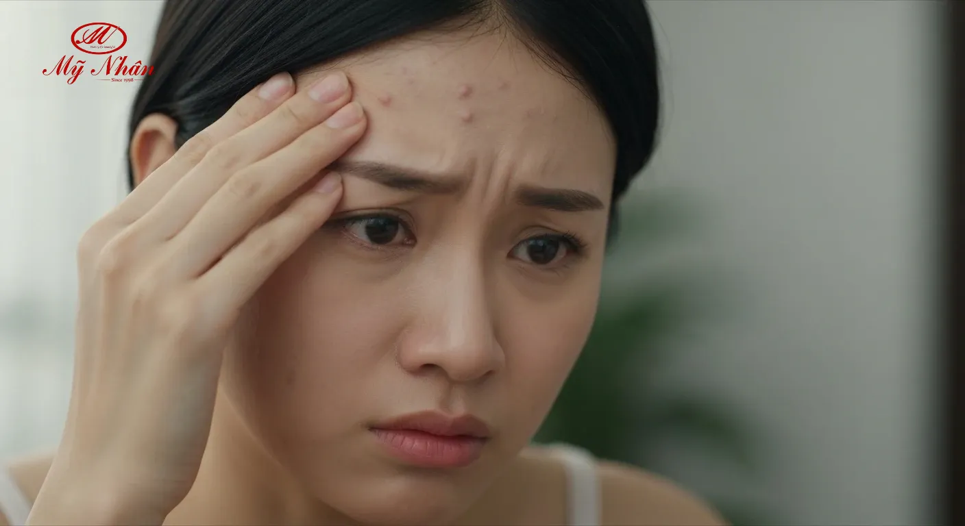 Một người phụ nữ trẻ đang chạm tay lên trán với vẻ mặt lo lắng, thể hiện tình trạng mụn ẩn trên trán.