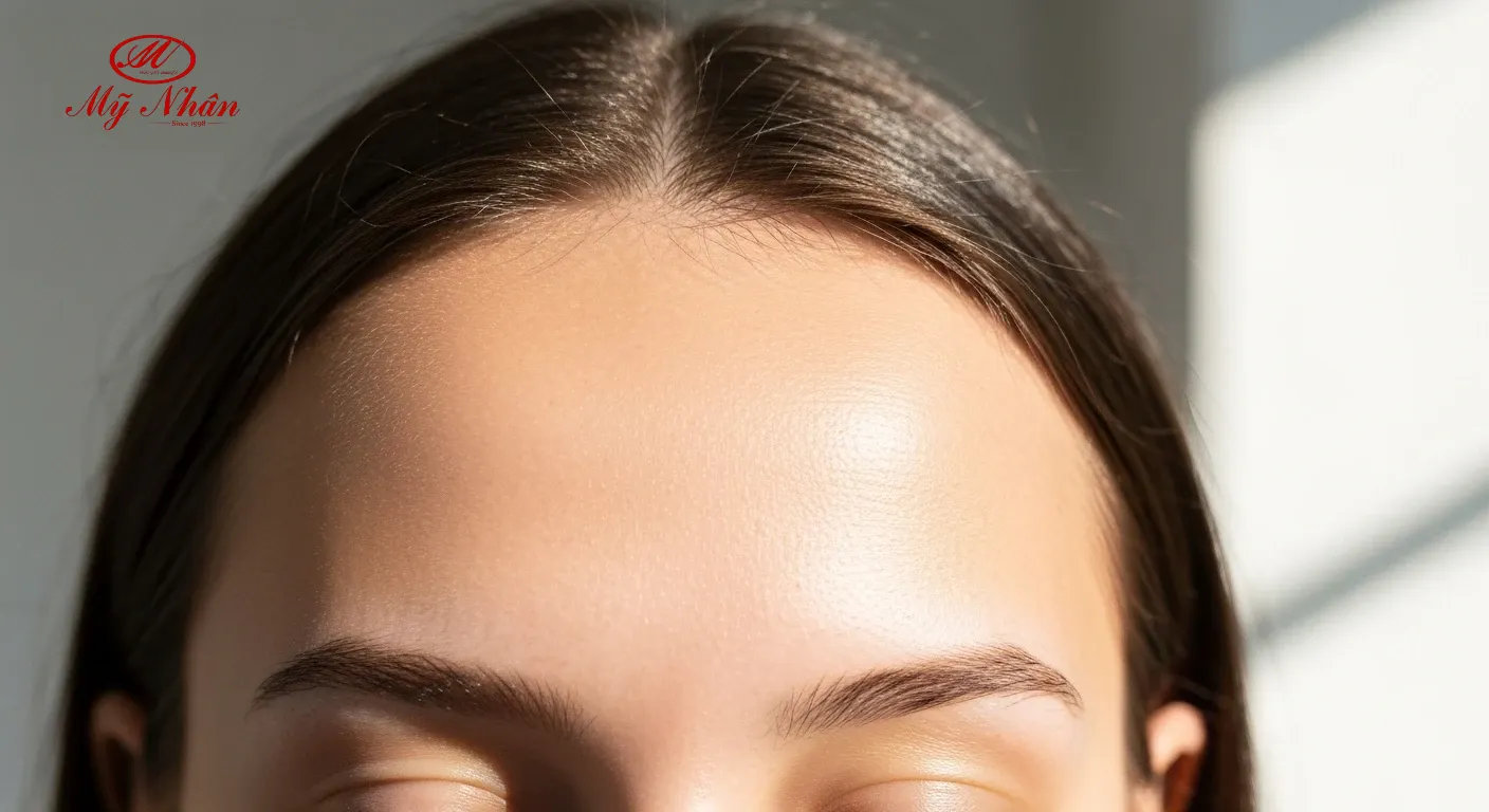 Cận cảnh làn da trán mịn màng, khỏe mạnh sau khi điều trị mụn ẩn thành công, thể hiện sự tự tin và rạng rỡ.