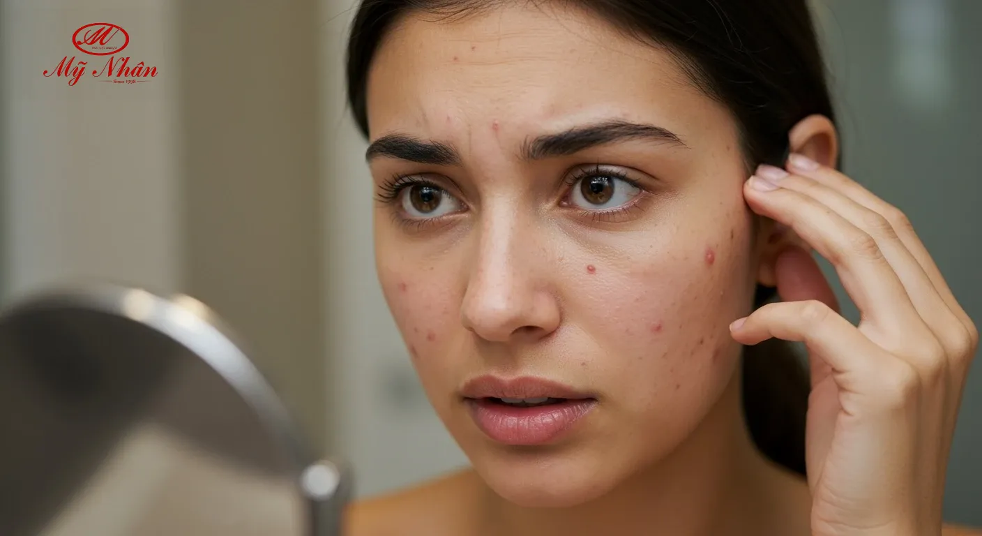 Người phụ nữ trẻ nhìn vào gương với vẻ mặt lo lắng, thất vọng vì tình trạng mụn ẩn trên da