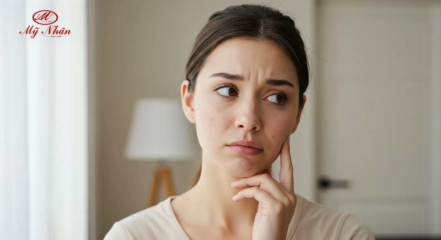 Người phụ nữ đang băn khoăn không biết liệu mụn trên mặt là do đẩy mụn hay kích ứng sản phẩm