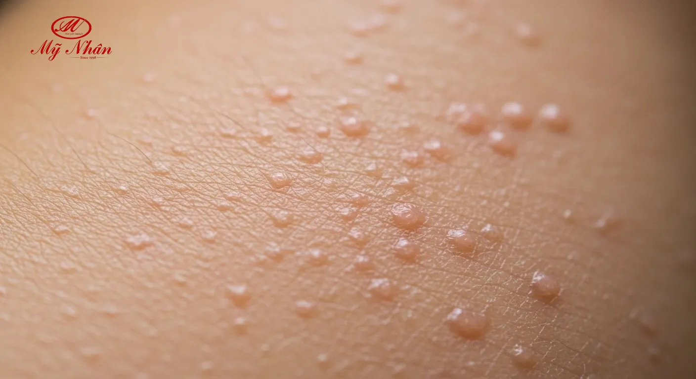 Hình ảnh cận cảnh mụn ẩn li ti dưới da, không đầu nhân rõ ràng.