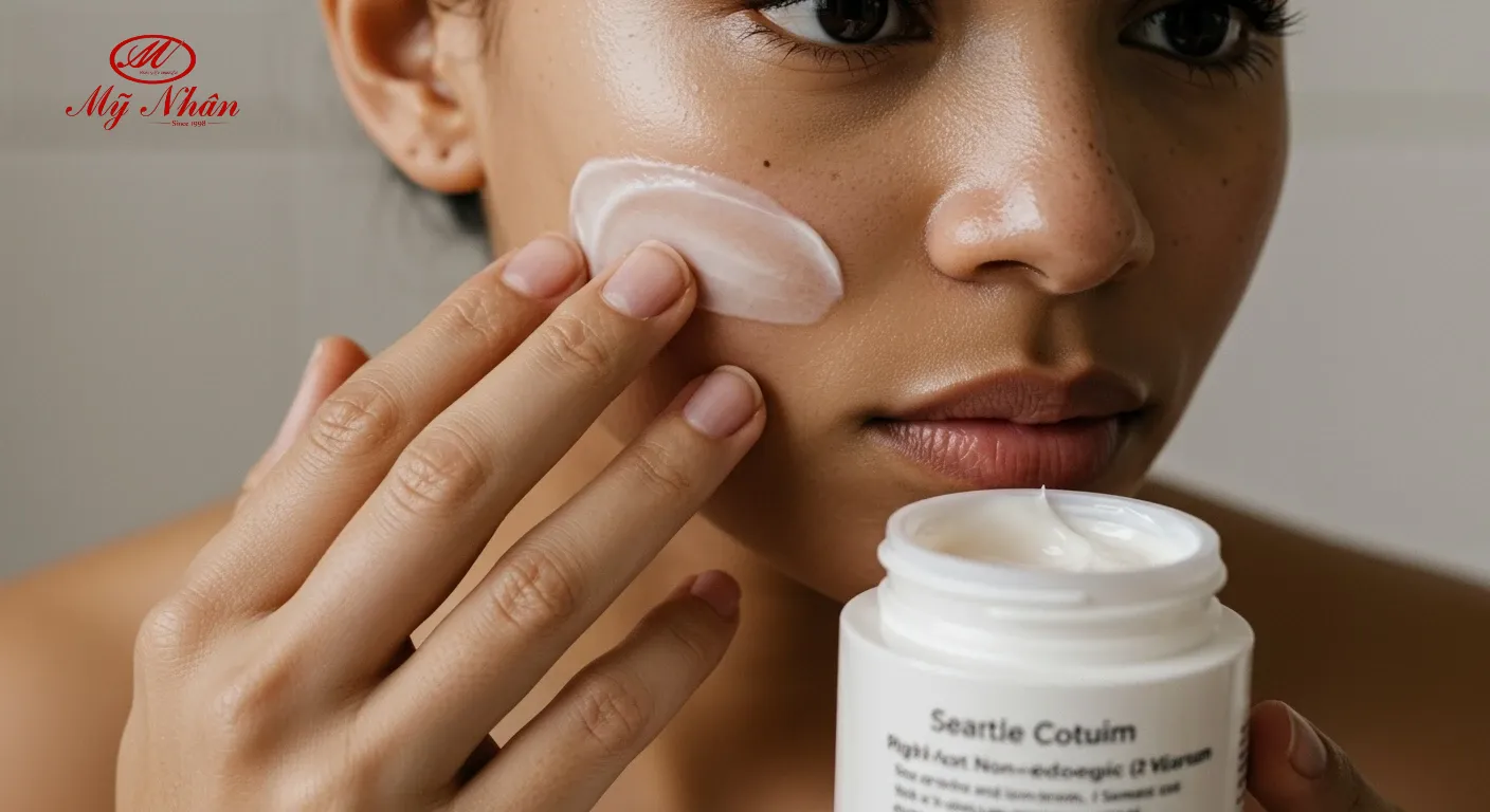 Bàn tay nhẹ nhàng thoa kem dưỡng ẩm lên vùng da mặt bị mụn ẩn để làm dịu.