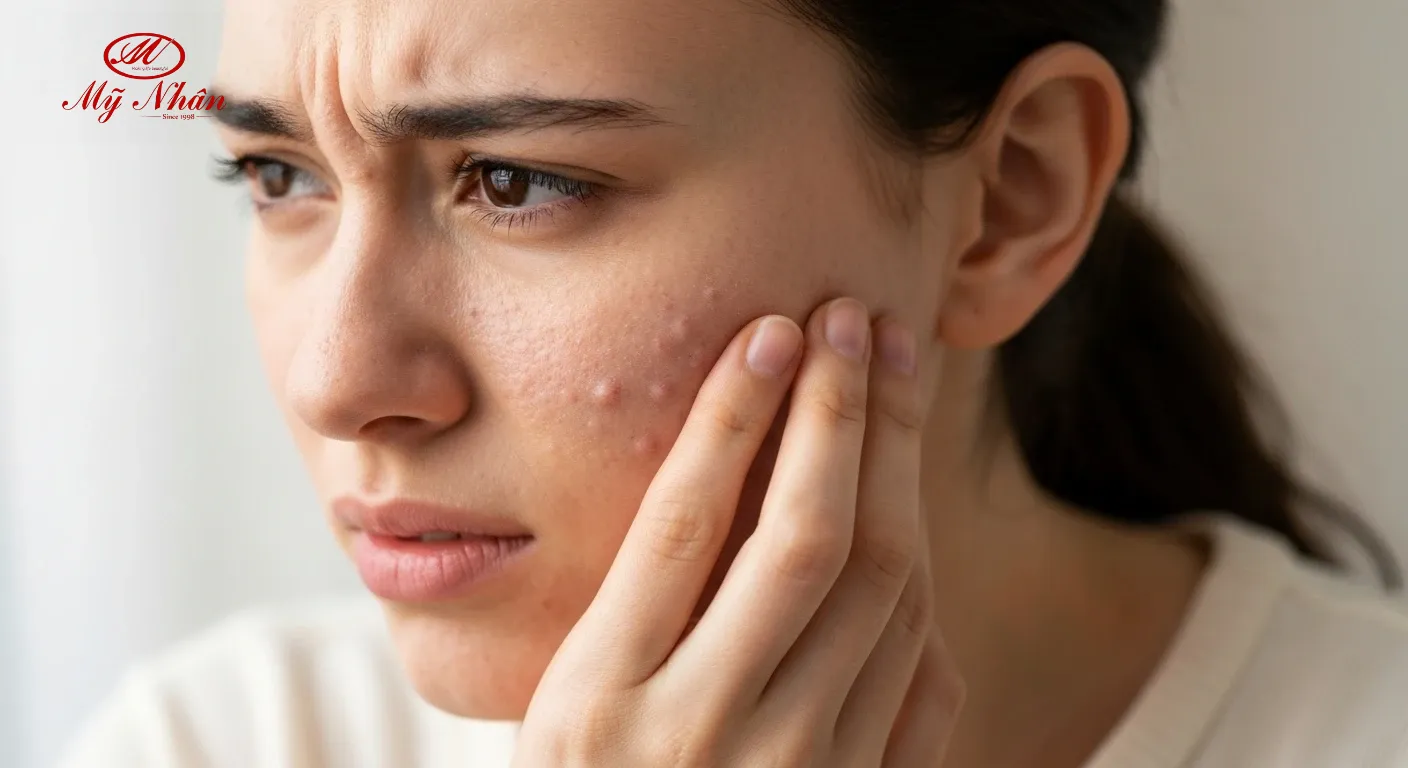 Người phụ nữ trẻ với vẻ mặt lo lắng vì mụn ẩn tái phát trên da