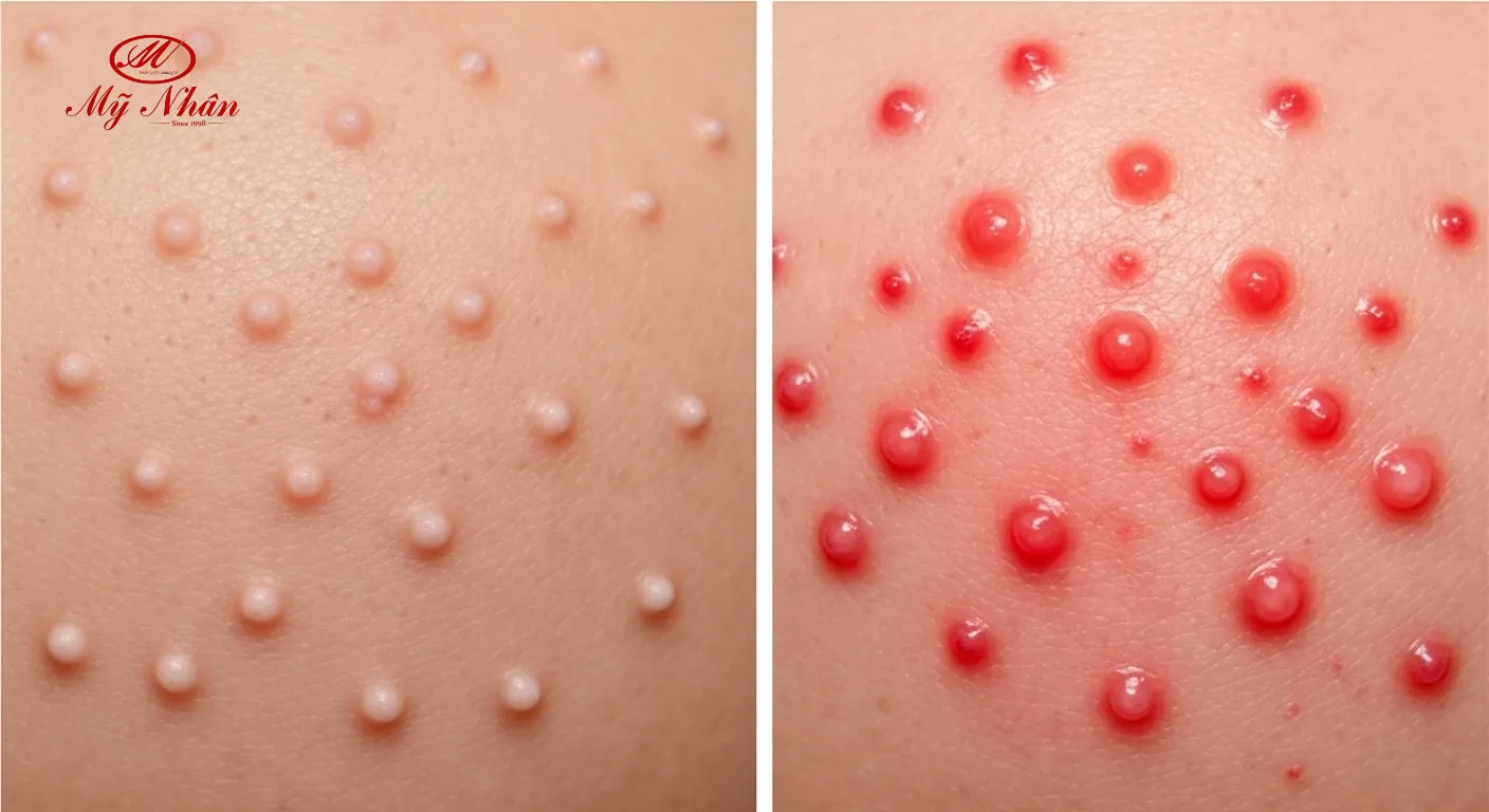 Hình ảnh minh họa mụn ẩn li ti đang sưng đỏ và chuyển thành mụn viêm trên da.