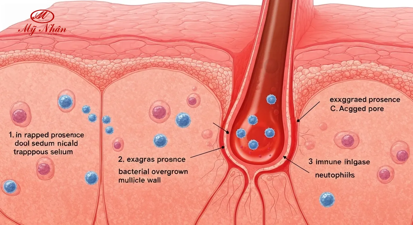 Biểu đồ minh họa cơ chế 3 tầng gây mụn viêm: tắc nghẽn lỗ chân lông, vi khuẩn C.acnes và phản ứng viêm.