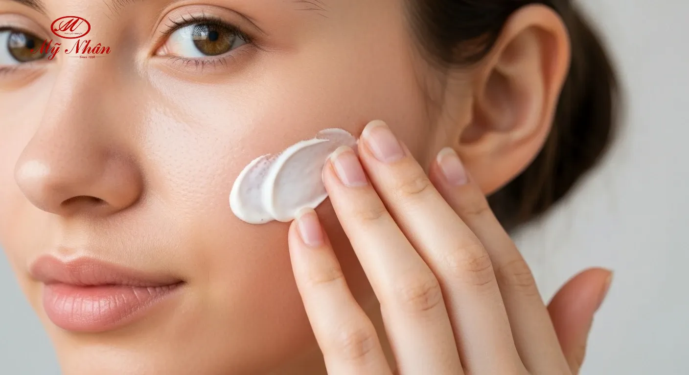 Một người phụ nữ trẻ đang thoa kem dưỡng ẩm nhẹ nhàng, minh họa quy trình chăm sóc da khoa học hàng ngày để ngăn ngừa mụn viêm.