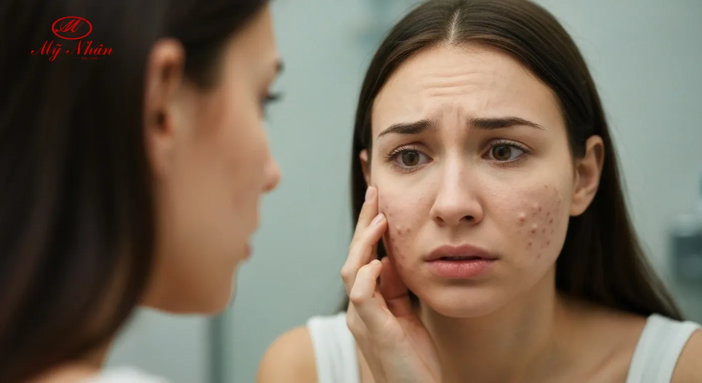 Một người phụ nữ trẻ đang nhìn vào gương với vẻ mặt lo lắng, chạm nhẹ vào làn da sần sùi có mụn ẩn, thể hiện sự bế tắc và thiếu tự tin.
