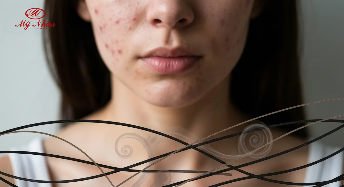 Hình ảnh trừu tượng biểu thị vòng luẩn quẩn của mụn ẩn, với các yếu tố như stress, bít tắc lỗ chân lông và dầu thừa đan xen phức tạp trên gương mặt một người phụ nữ mờ ảo.