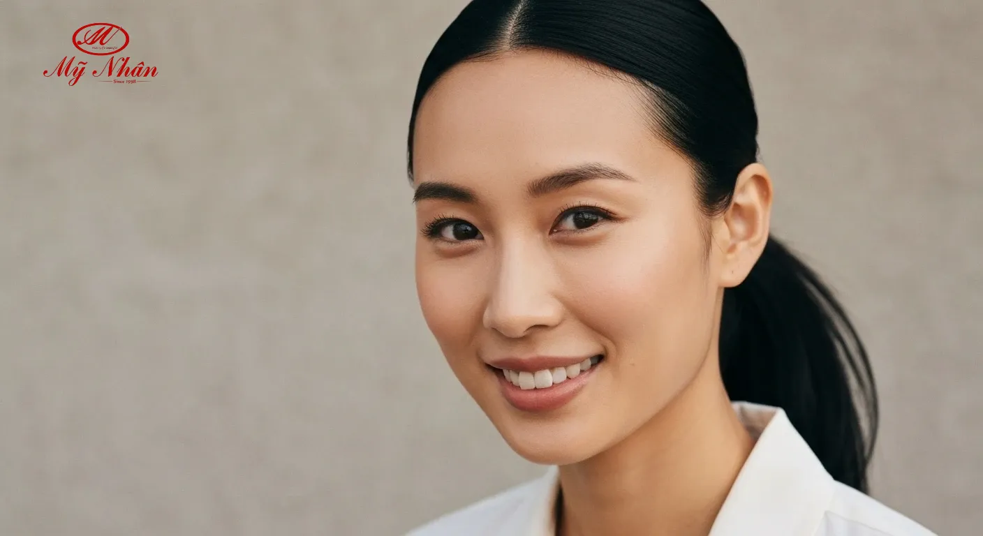 Một người phụ nữ trẻ mỉm cười rạng rỡ với làn da mịn màng, khỏe mạnh sau khi điều trị mụn ẩn thành công, thể hiện sự tự tin và hạnh phúc.