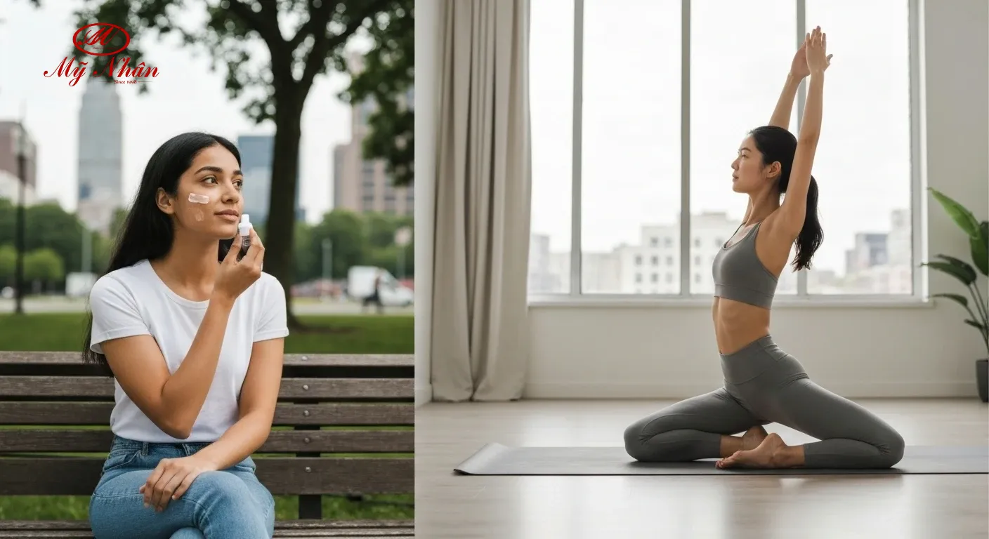 Chăm sóc da mặt hàng ngày với sản phẩm không gây bít tắc, người phụ nữ uống nhiều nước và ăn trái cây tươi